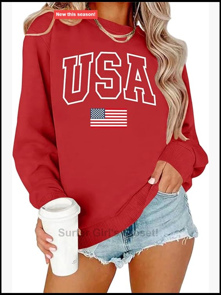 Patriotic Crewneck Sweatshirt Polyester Spandex Long Sleeve Pullover Usa Flag